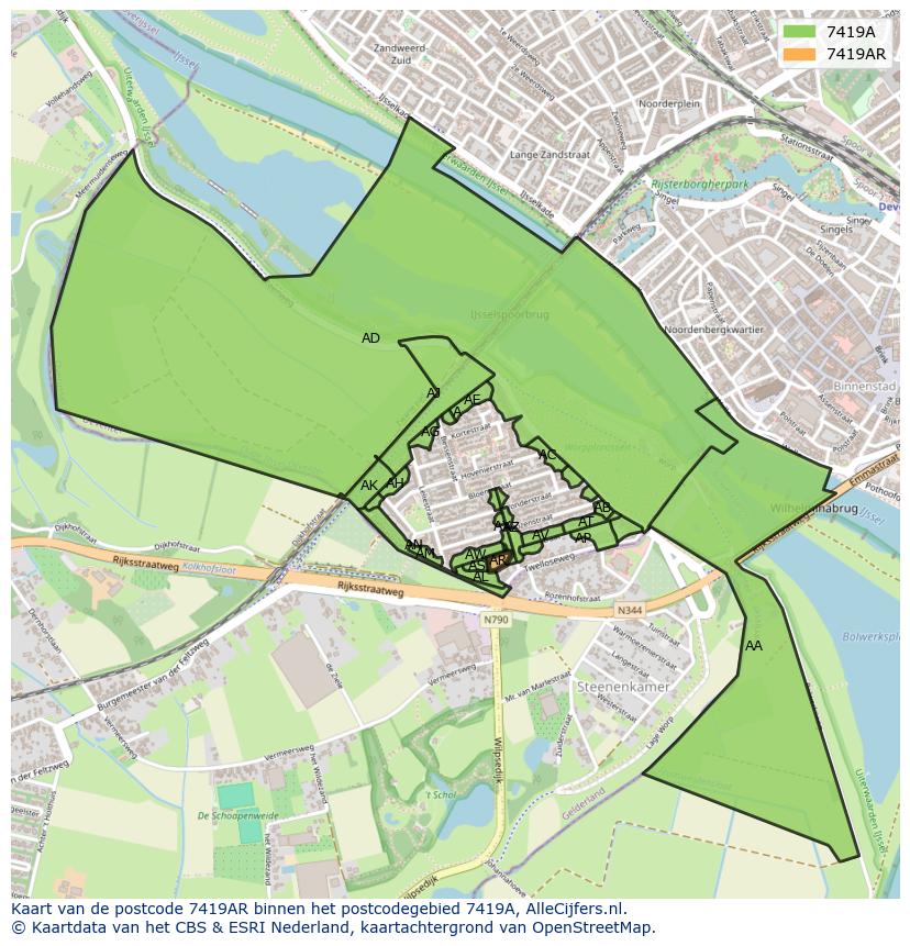 Afbeelding van het postcodegebied 7419 AR op de kaart.