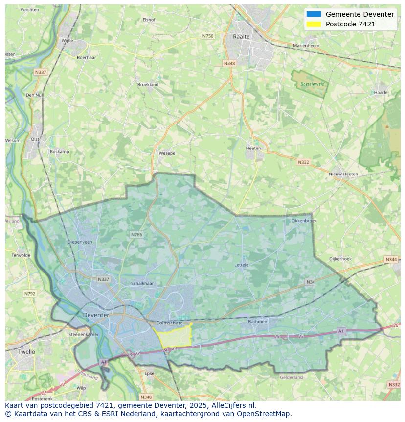 Afbeelding van het postcodegebied 7421 op de kaart.