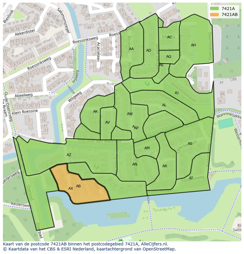 Afbeelding van het postcodegebied 7421 AB op de kaart.