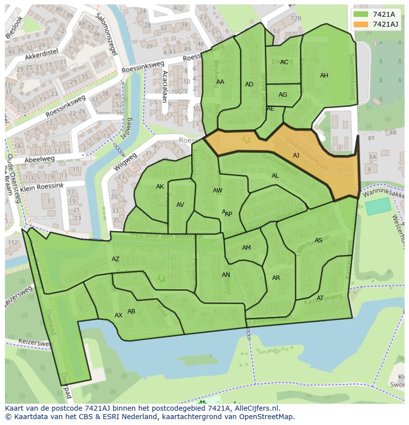Afbeelding van het postcodegebied 7421 AJ op de kaart.