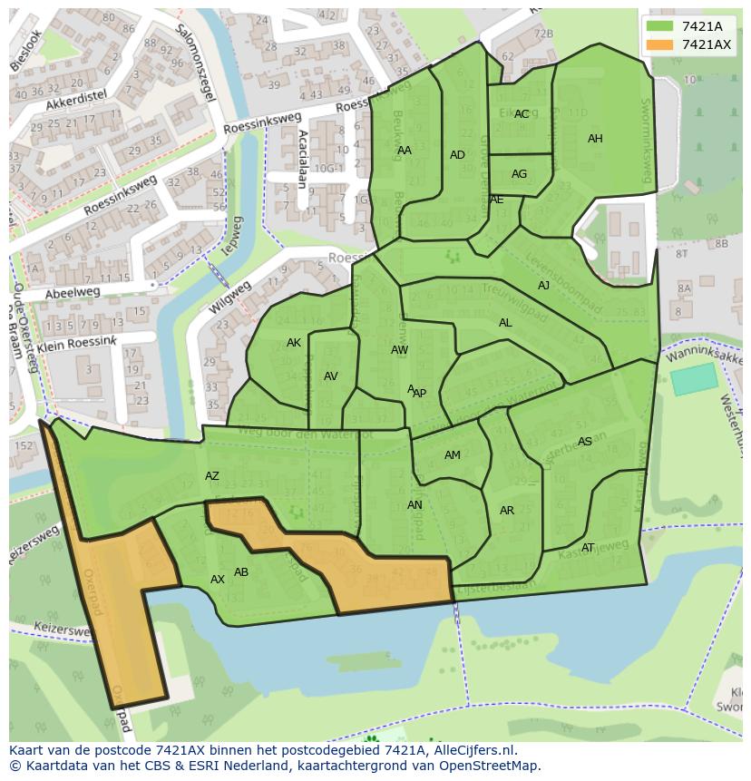Afbeelding van het postcodegebied 7421 AX op de kaart.