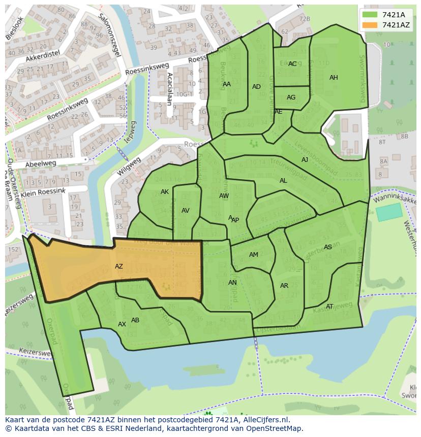 Afbeelding van het postcodegebied 7421 AZ op de kaart.