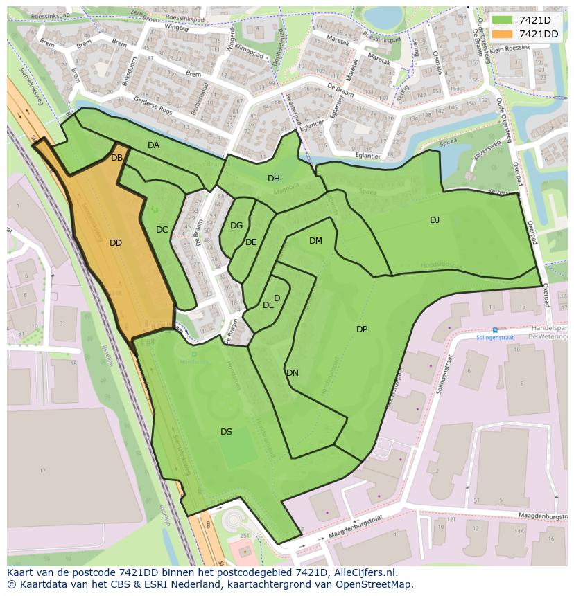 Afbeelding van het postcodegebied 7421 DD op de kaart.