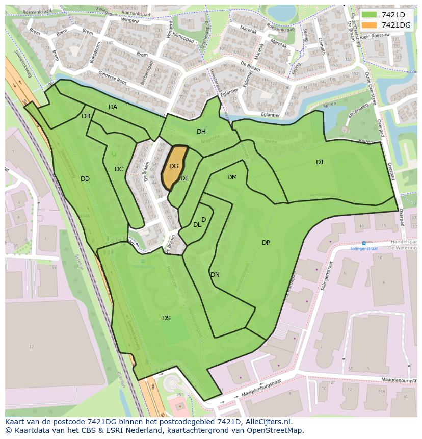 Afbeelding van het postcodegebied 7421 DG op de kaart.