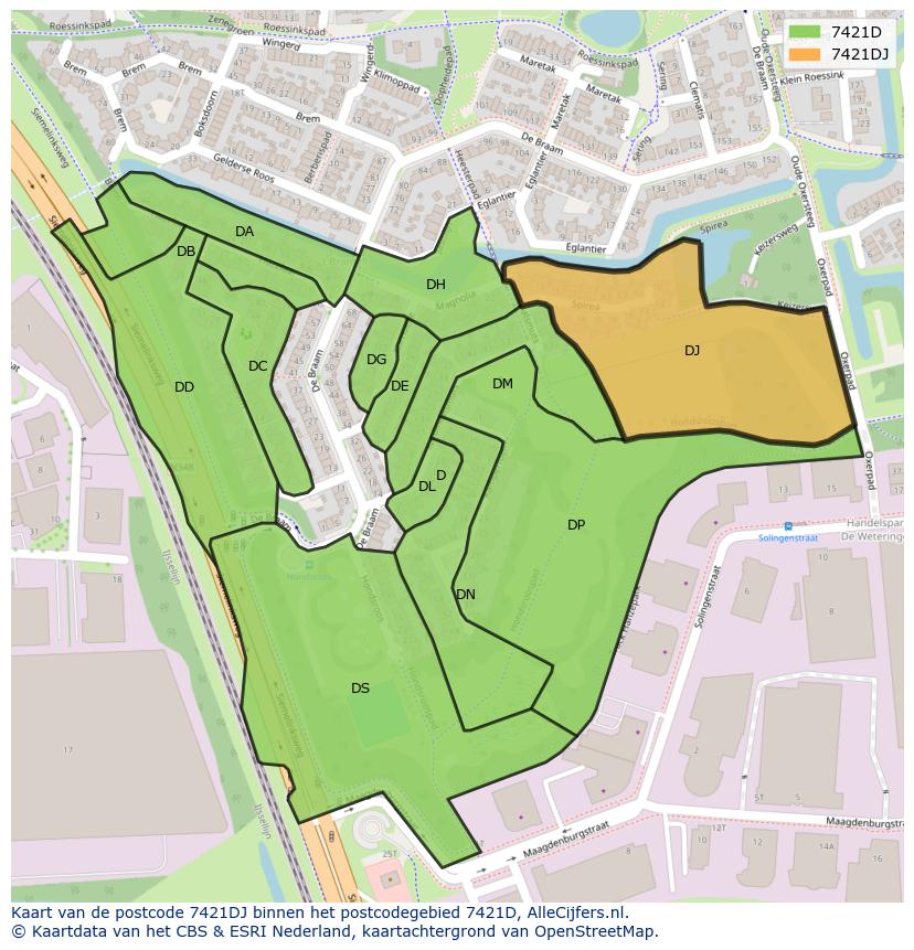 Afbeelding van het postcodegebied 7421 DJ op de kaart.