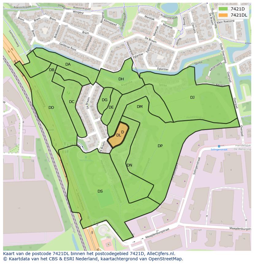 Afbeelding van het postcodegebied 7421 DL op de kaart.