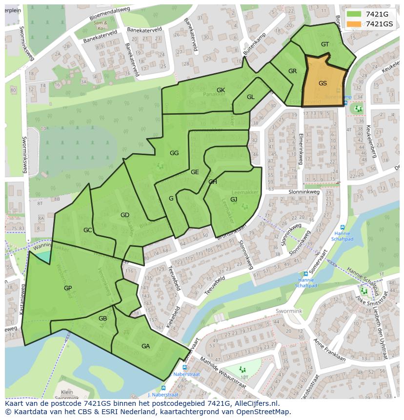 Afbeelding van het postcodegebied 7421 GS op de kaart.