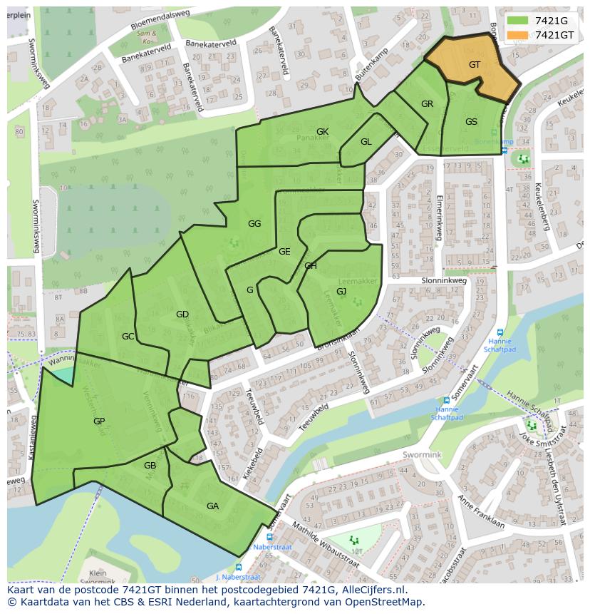 Afbeelding van het postcodegebied 7421 GT op de kaart.