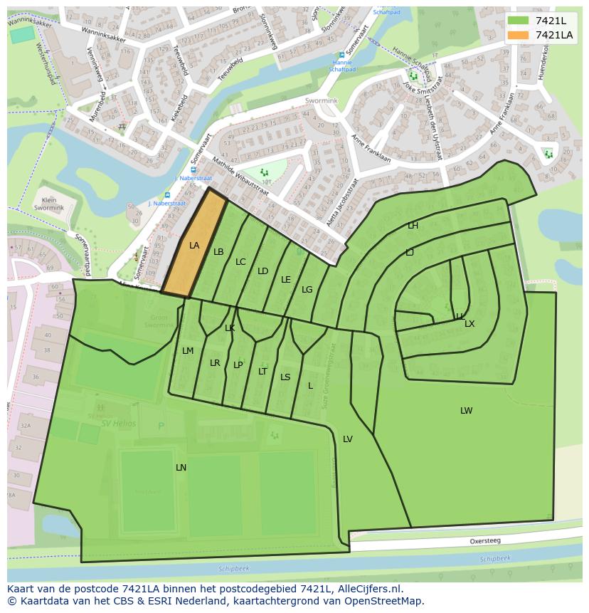 Afbeelding van het postcodegebied 7421 LA op de kaart.