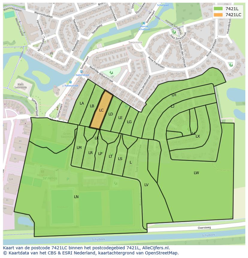 Afbeelding van het postcodegebied 7421 LC op de kaart.