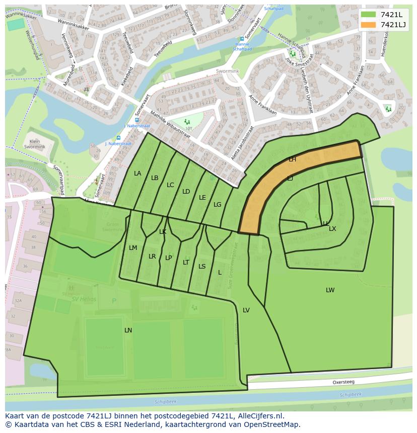 Afbeelding van het postcodegebied 7421 LJ op de kaart.