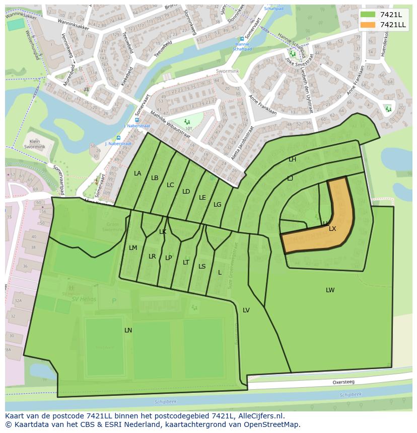 Afbeelding van het postcodegebied 7421 LL op de kaart.