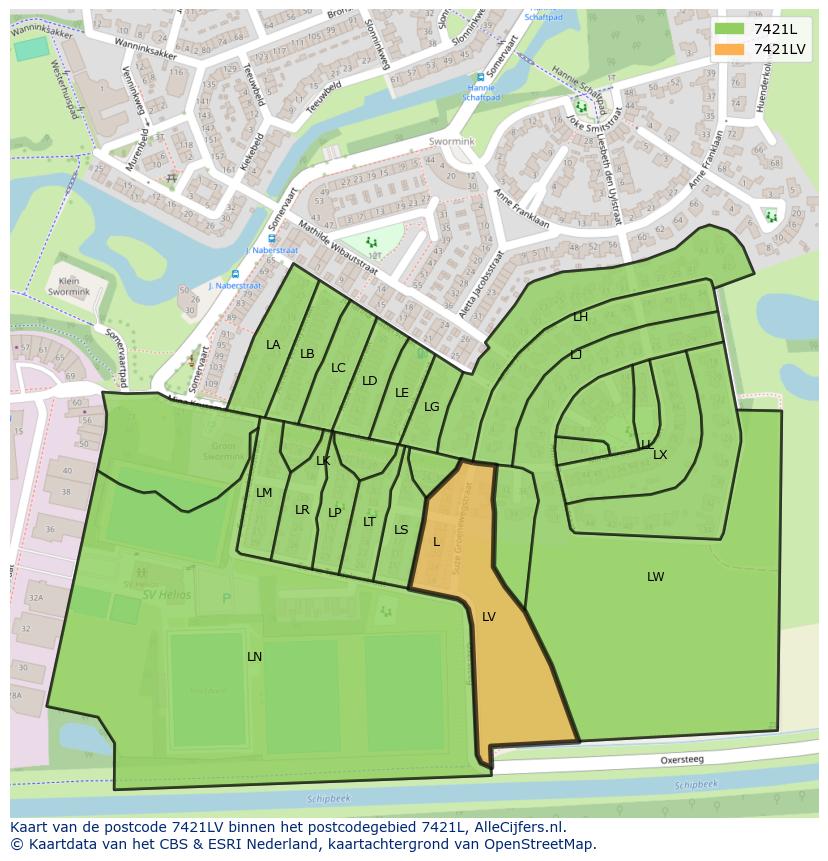 Afbeelding van het postcodegebied 7421 LV op de kaart.