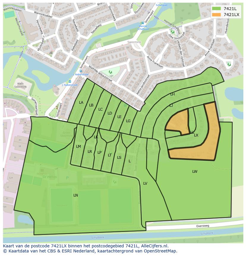 Afbeelding van het postcodegebied 7421 LX op de kaart.