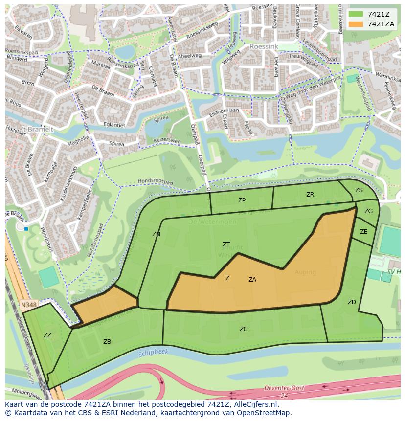 Afbeelding van het postcodegebied 7421 ZA op de kaart.