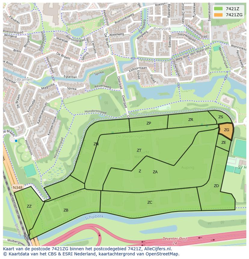 Afbeelding van het postcodegebied 7421 ZG op de kaart.