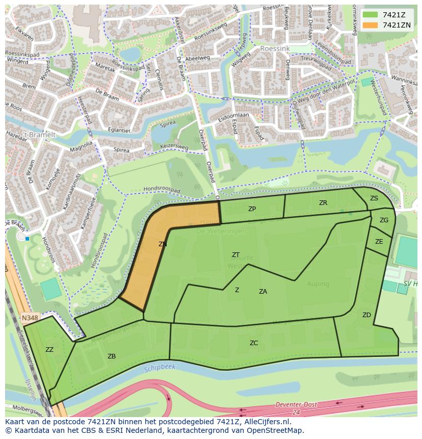 Afbeelding van het postcodegebied 7421 ZN op de kaart.
