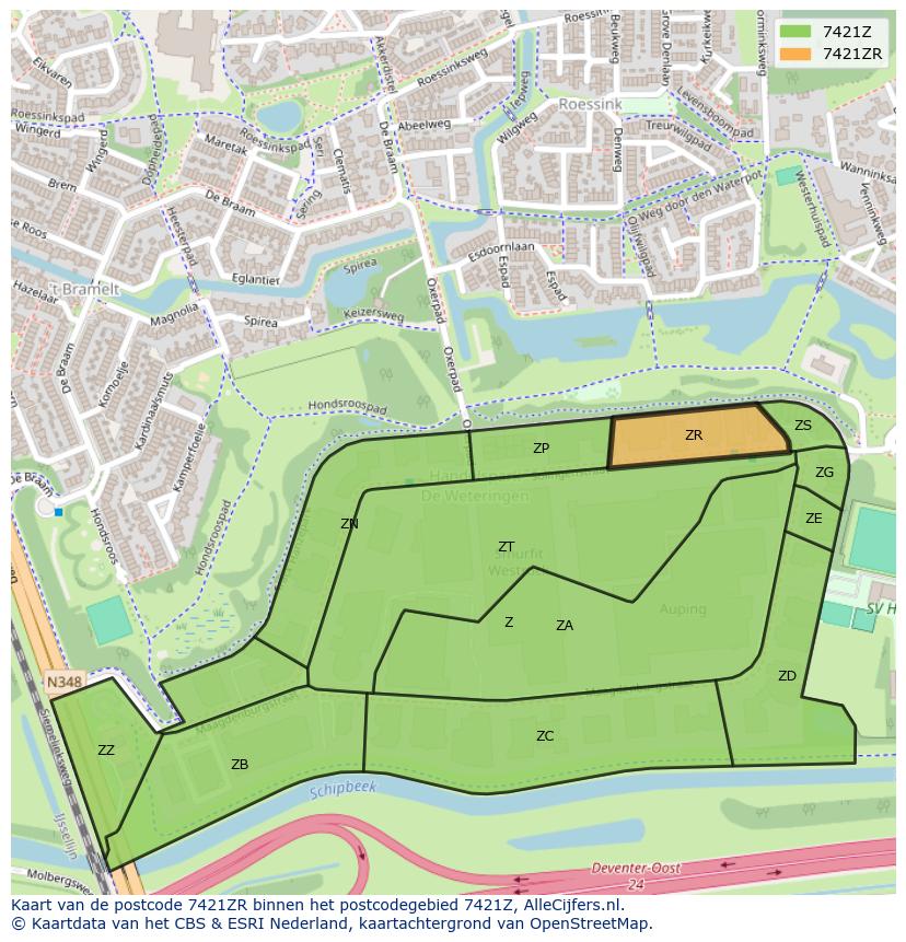 Afbeelding van het postcodegebied 7421 ZR op de kaart.