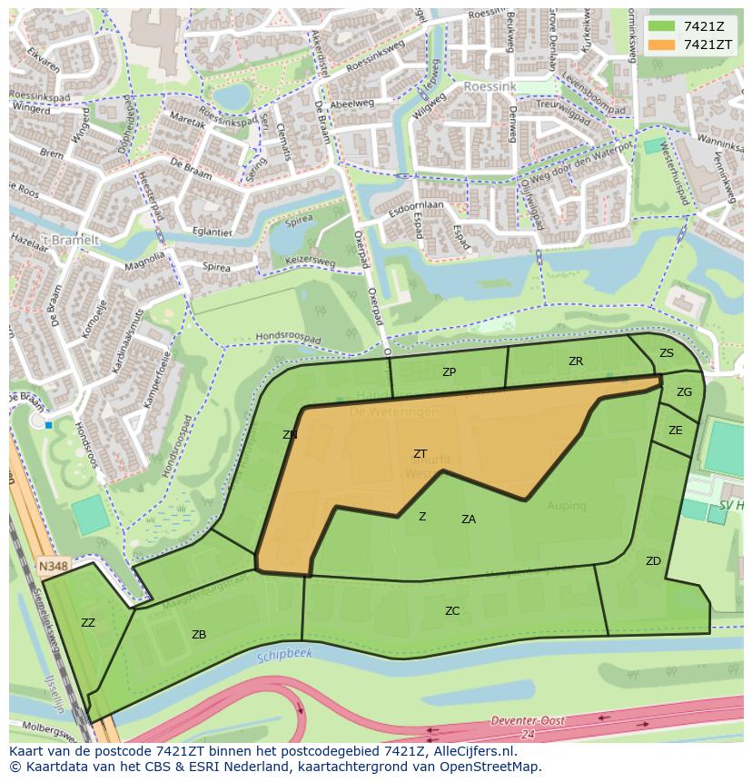 Afbeelding van het postcodegebied 7421 ZT op de kaart.