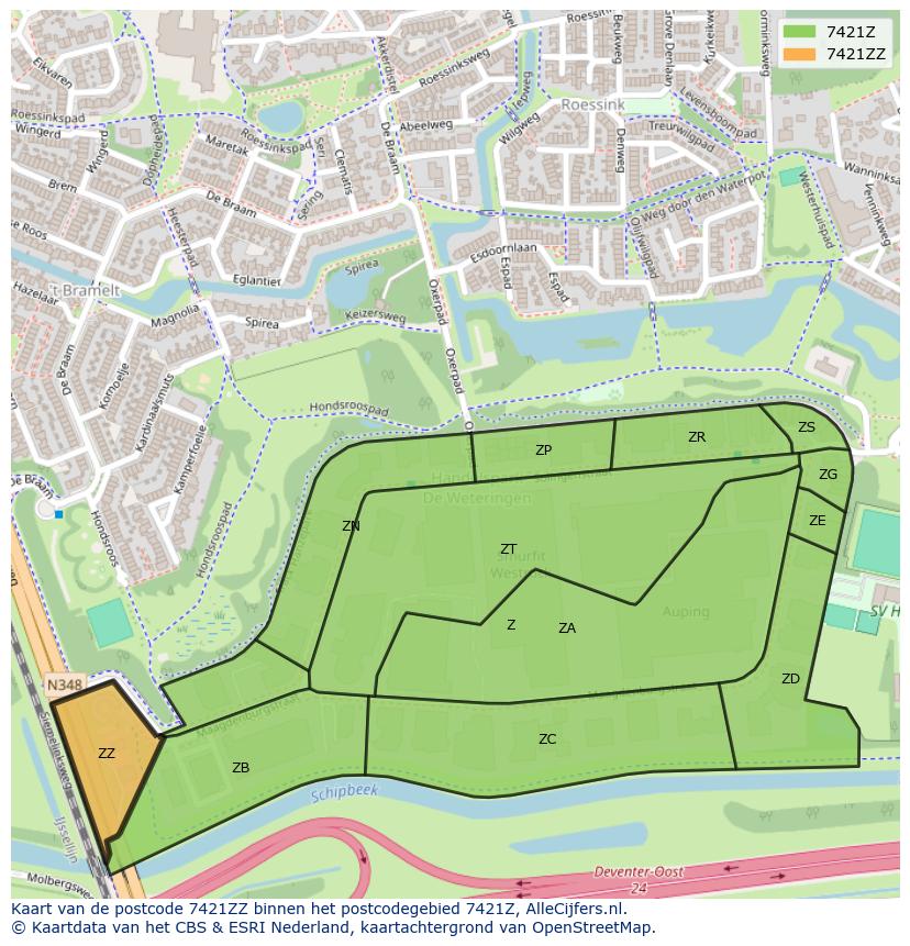 Afbeelding van het postcodegebied 7421 ZZ op de kaart.