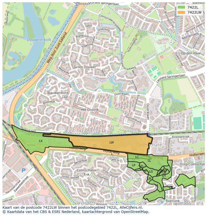 Afbeelding van het postcodegebied 7422 LW op de kaart.