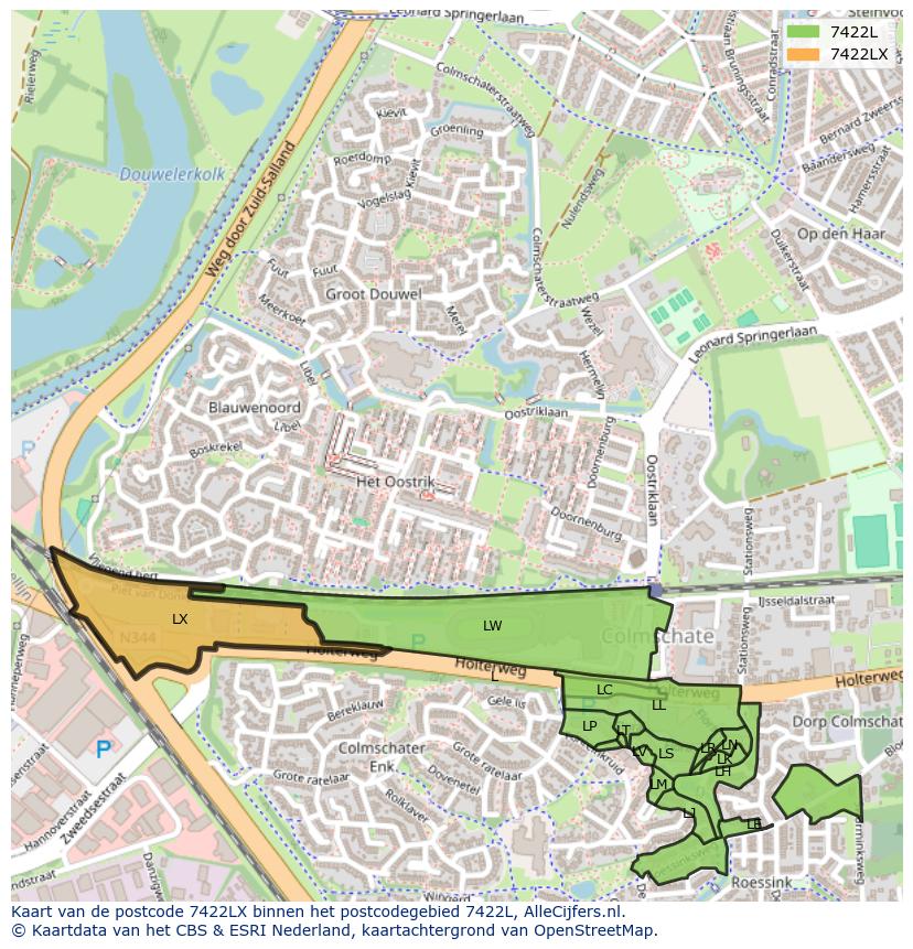 Afbeelding van het postcodegebied 7422 LX op de kaart.