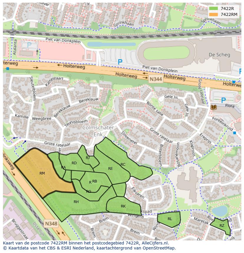 Afbeelding van het postcodegebied 7422 RM op de kaart.