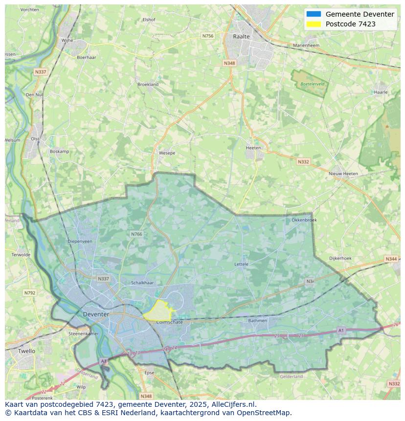 Afbeelding van het postcodegebied 7423 op de kaart.