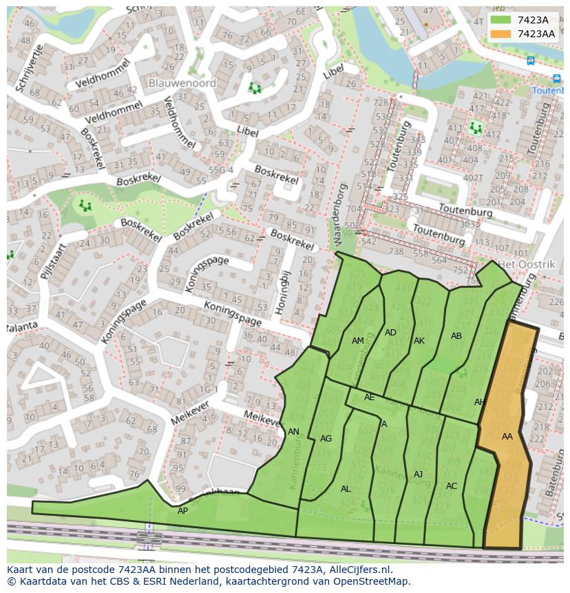 Afbeelding van het postcodegebied 7423 AA op de kaart.