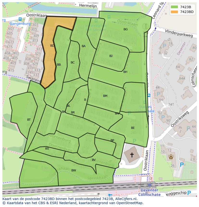 Afbeelding van het postcodegebied 7423 BD op de kaart.
