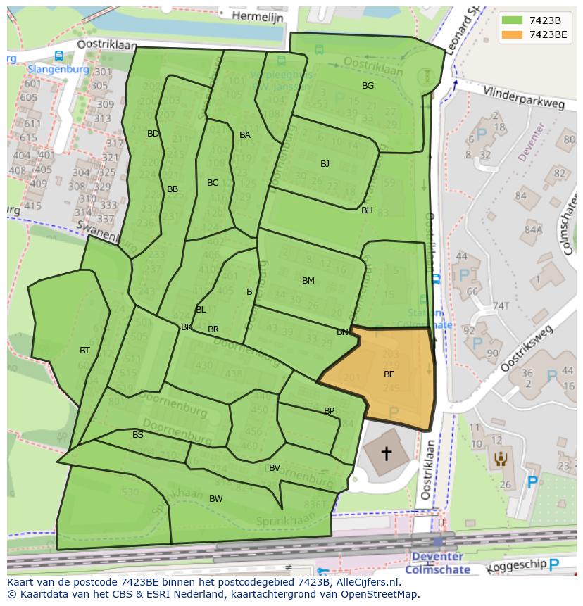Afbeelding van het postcodegebied 7423 BE op de kaart.