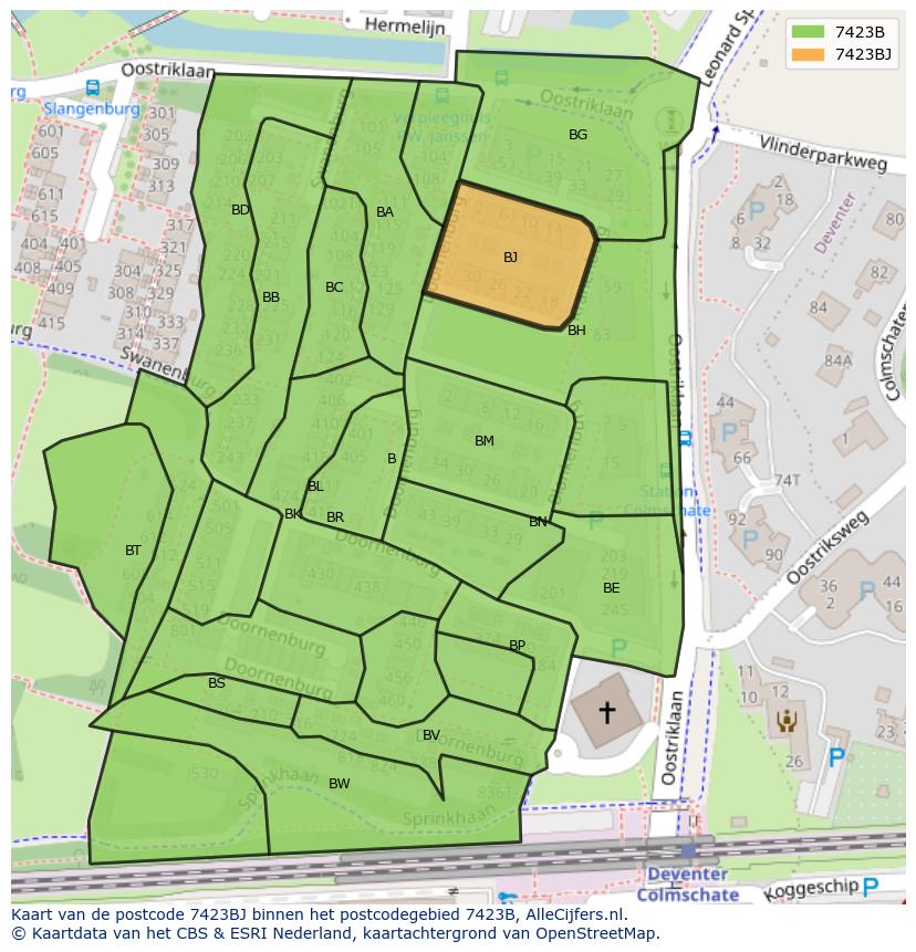Afbeelding van het postcodegebied 7423 BJ op de kaart.