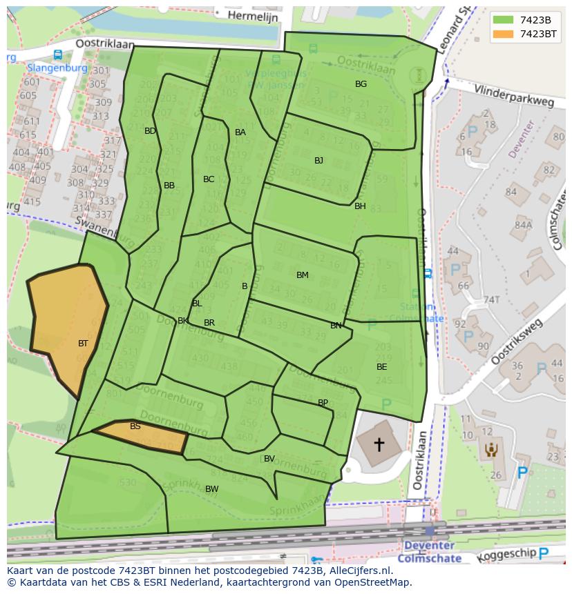 Afbeelding van het postcodegebied 7423 BT op de kaart.