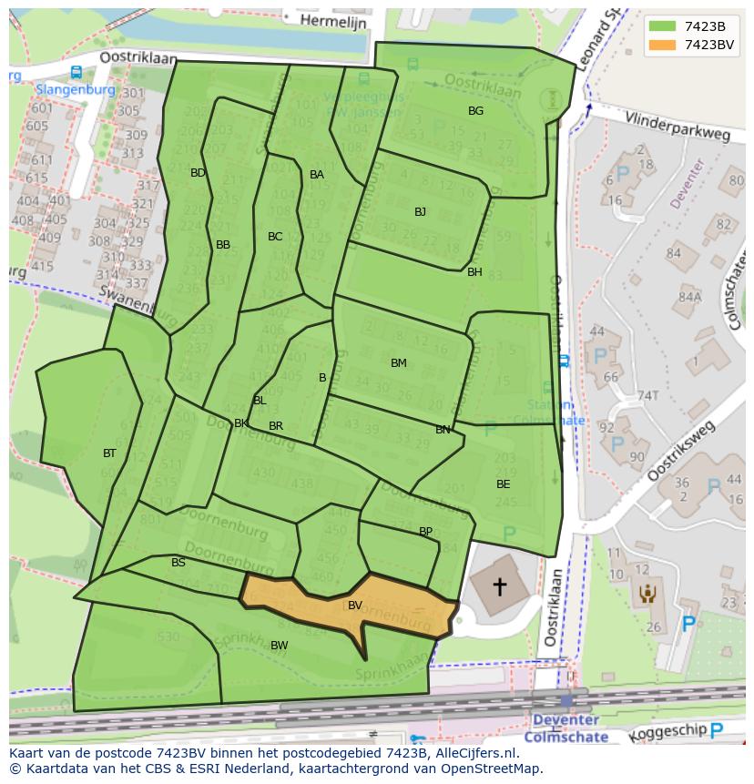 Afbeelding van het postcodegebied 7423 BV op de kaart.