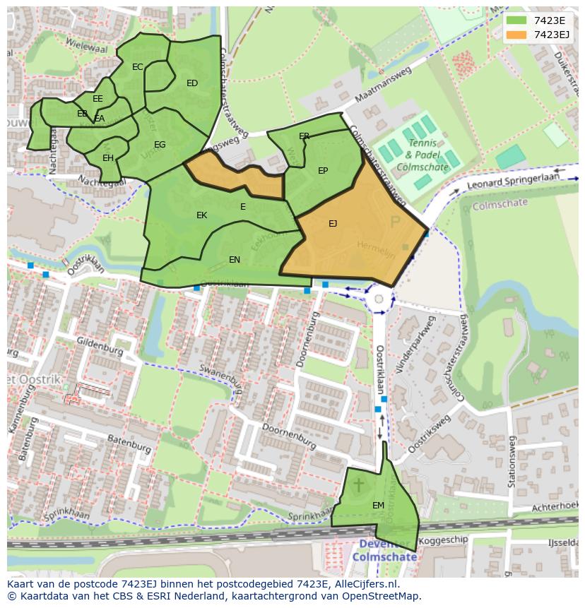 Afbeelding van het postcodegebied 7423 EJ op de kaart.