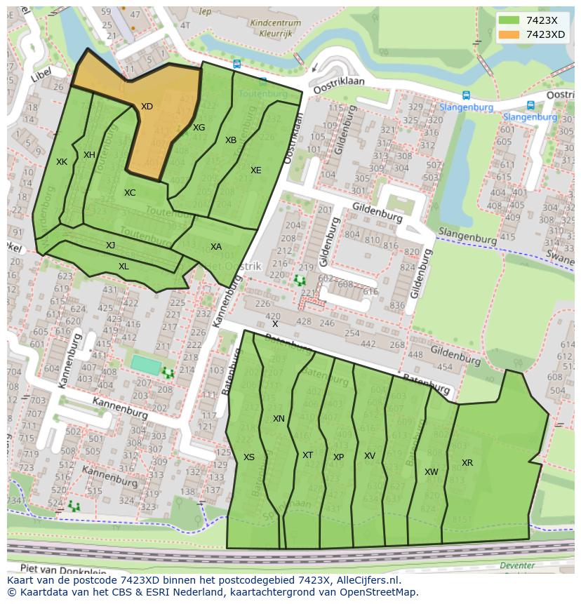 Afbeelding van het postcodegebied 7423 XD op de kaart.