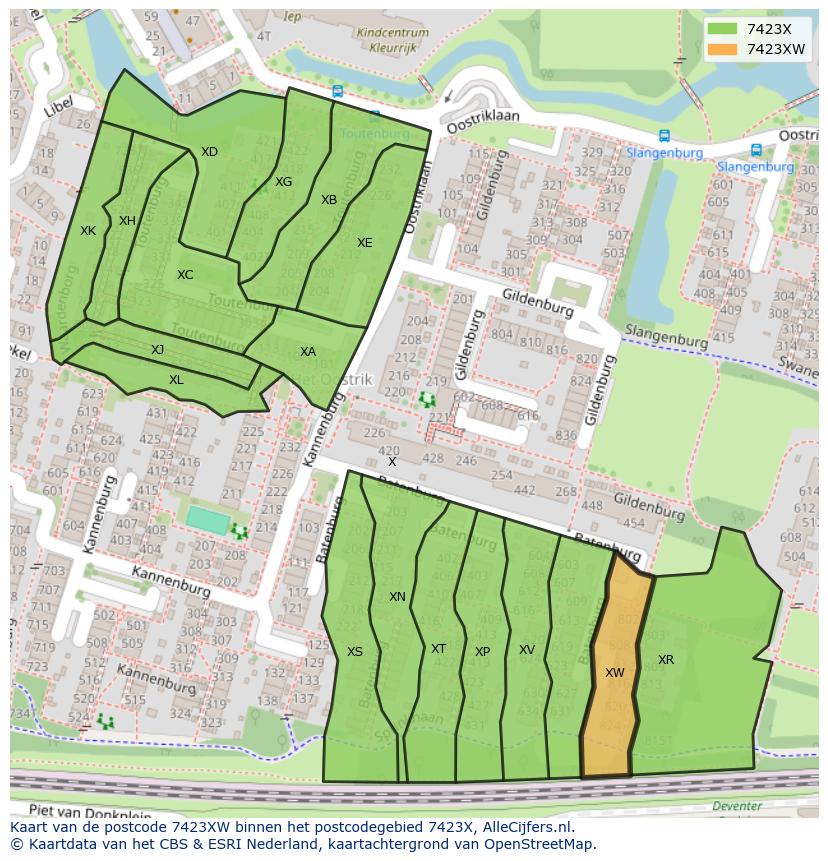 Afbeelding van het postcodegebied 7423 XW op de kaart.