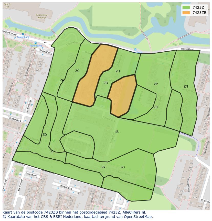 Afbeelding van het postcodegebied 7423 ZB op de kaart.