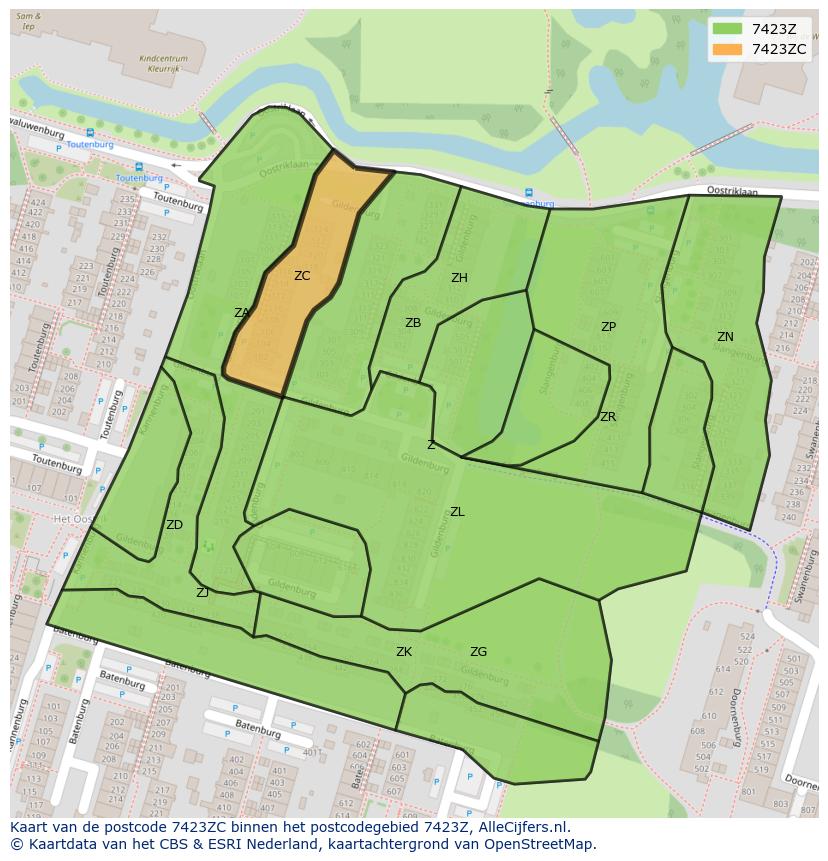 Afbeelding van het postcodegebied 7423 ZC op de kaart.