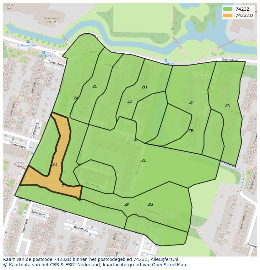 Afbeelding van het postcodegebied 7423 ZD op de kaart.