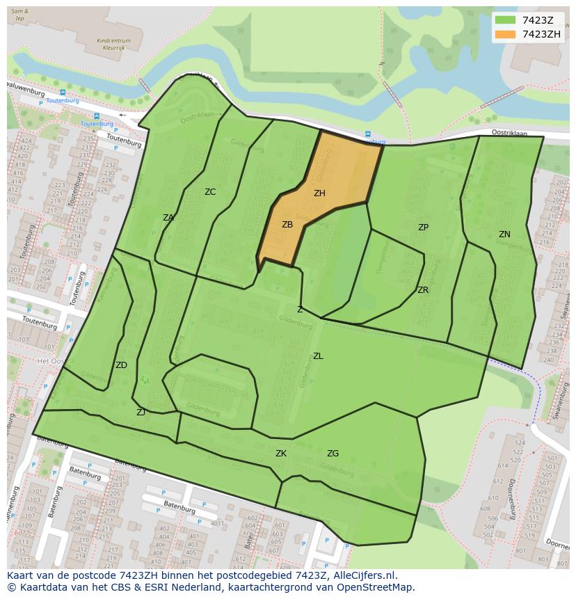 Afbeelding van het postcodegebied 7423 ZH op de kaart.