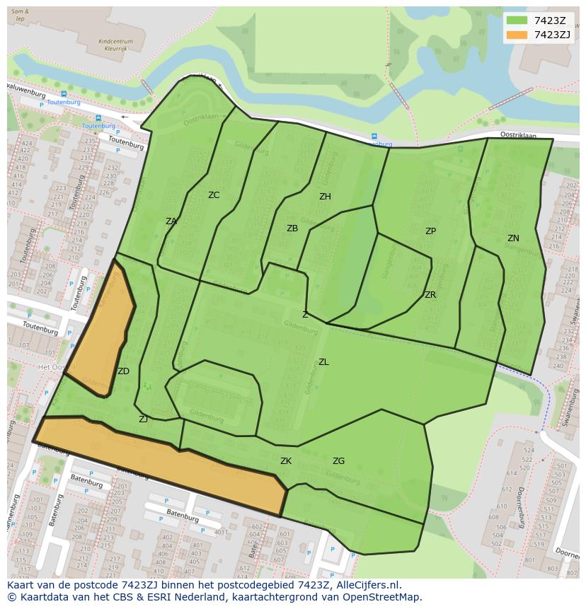 Afbeelding van het postcodegebied 7423 ZJ op de kaart.