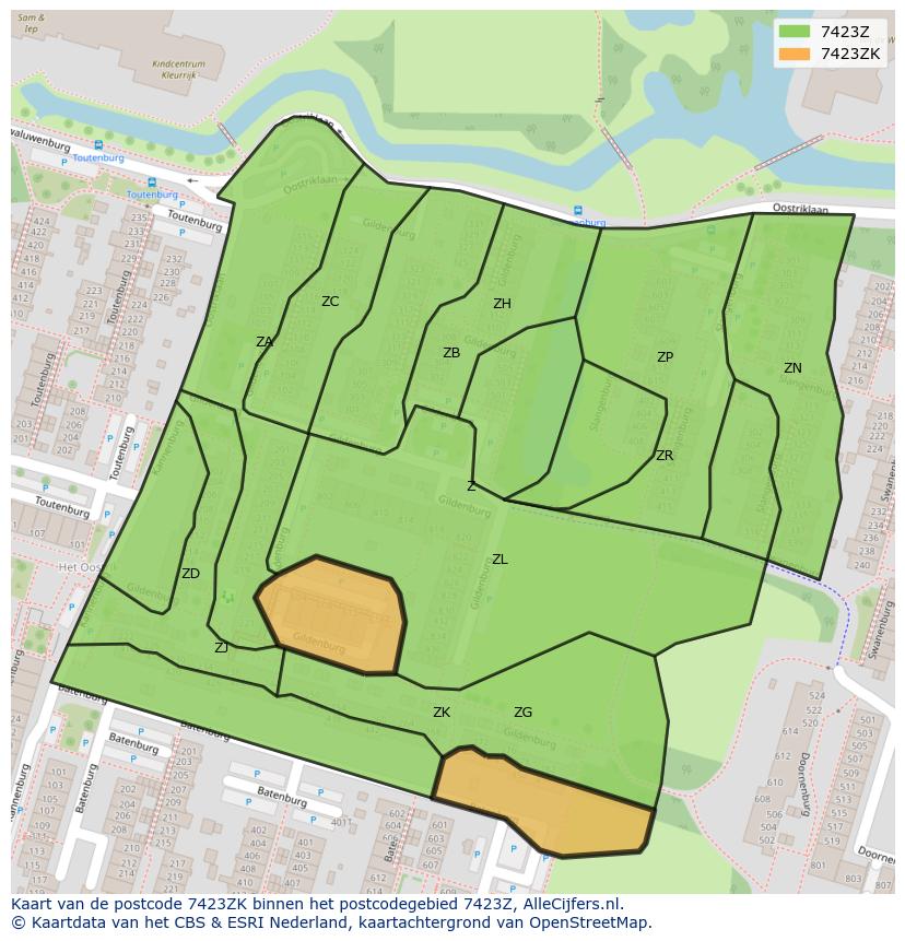 Afbeelding van het postcodegebied 7423 ZK op de kaart.