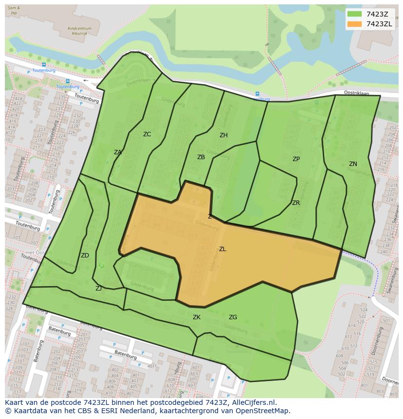 Afbeelding van het postcodegebied 7423 ZL op de kaart.