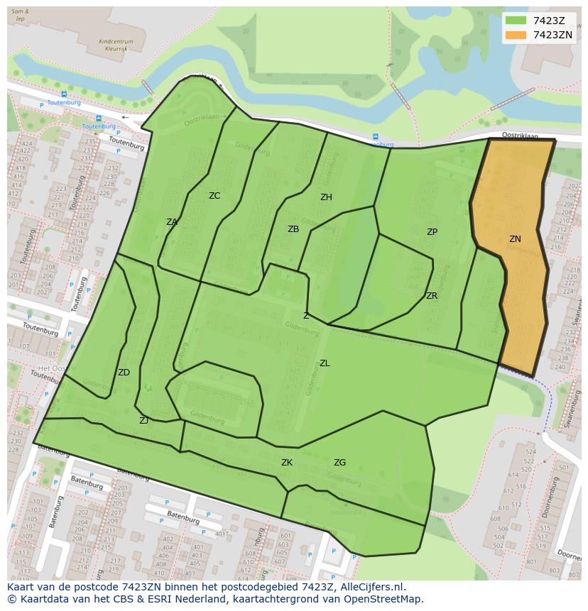 Afbeelding van het postcodegebied 7423 ZN op de kaart.