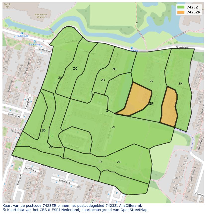 Afbeelding van het postcodegebied 7423 ZR op de kaart.