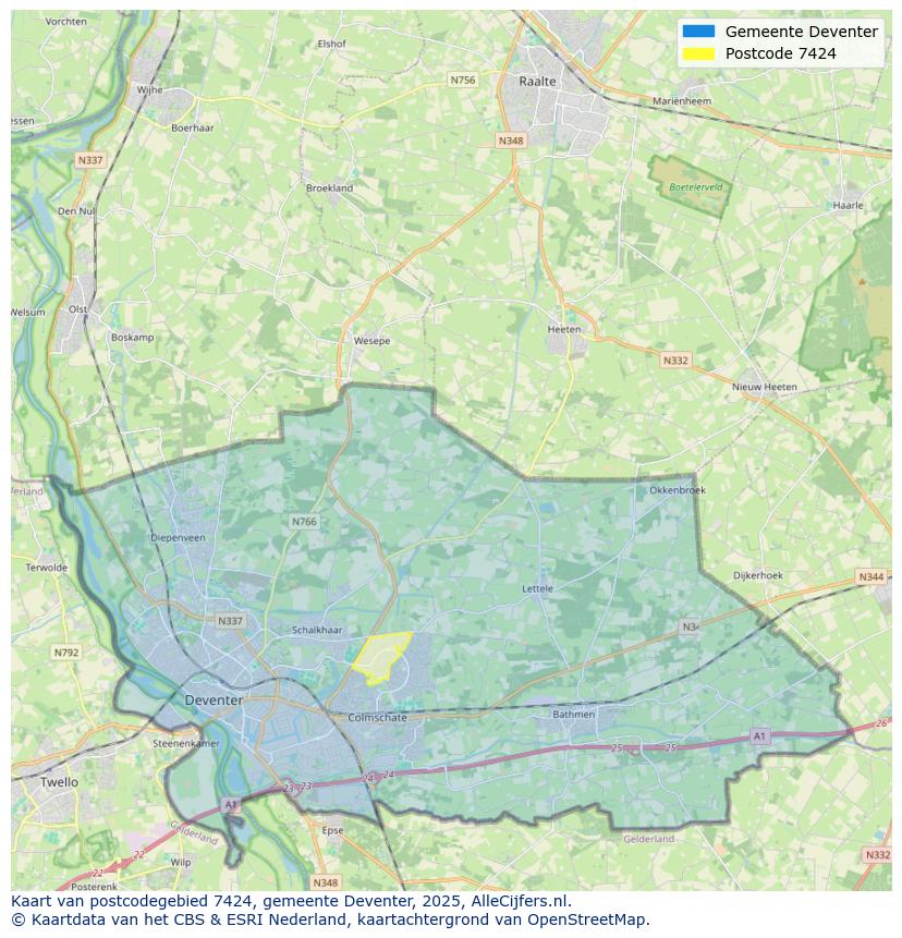 Afbeelding van het postcodegebied 7424 op de kaart.