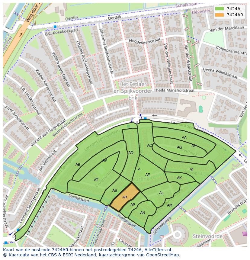 Afbeelding van het postcodegebied 7424 AR op de kaart.