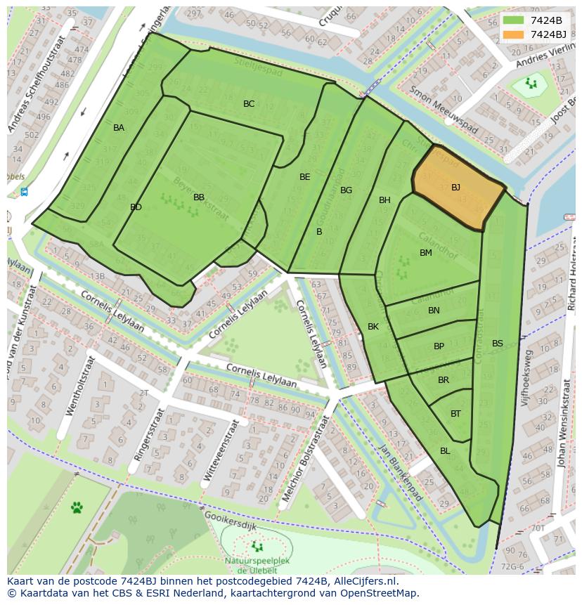 Afbeelding van het postcodegebied 7424 BJ op de kaart.