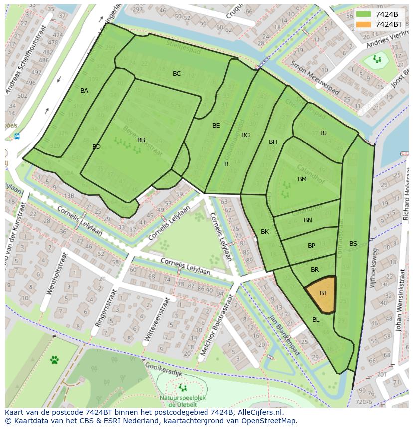 Afbeelding van het postcodegebied 7424 BT op de kaart.